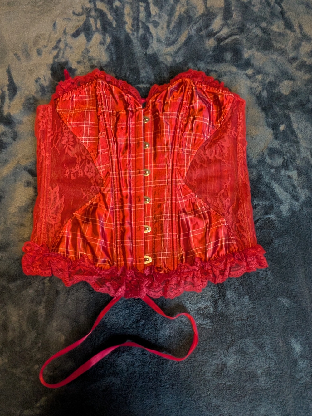 Adore Me Red Plaid And Lace Corset Top Medium